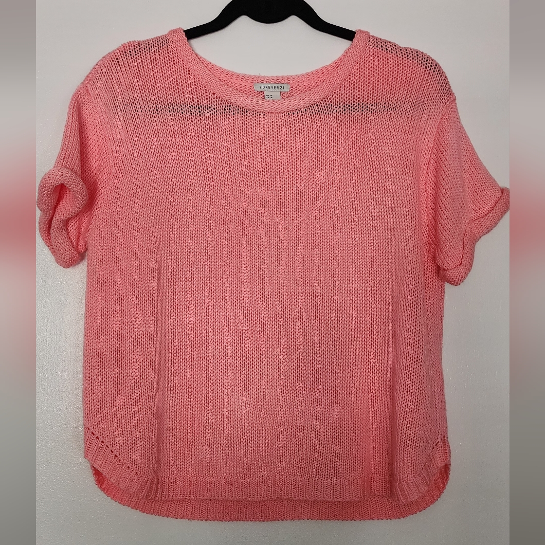 Women's Pink Chucky Knit Top Rolled Sleeve Shirt